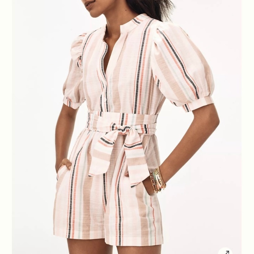 Anthropologie Amadi Lucie Striped Linen Belted Romper sz XS
